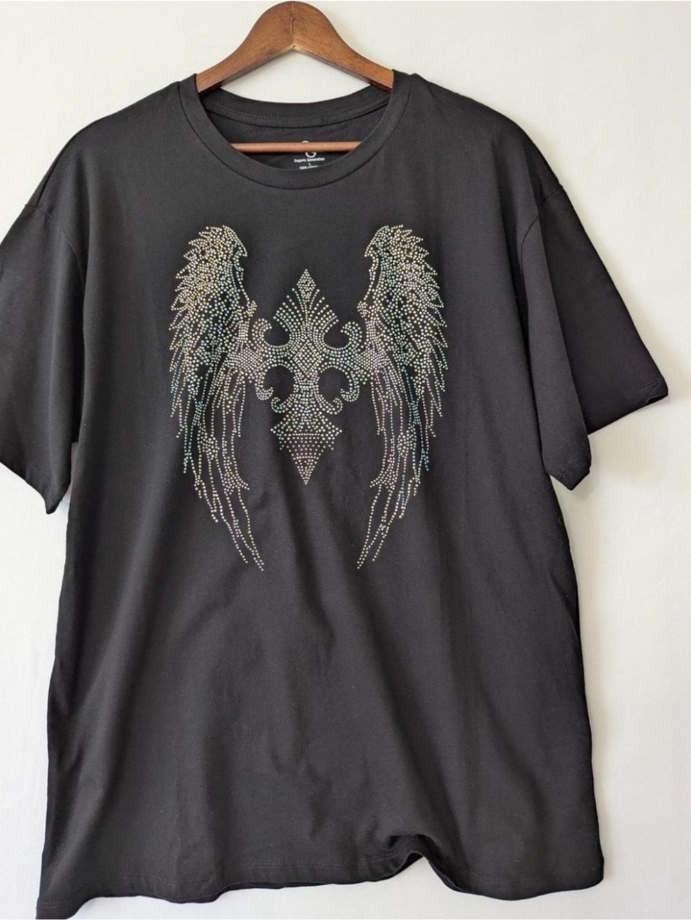 NEW Black with Rhinestone Angel Wings Fleur de Lis Graphic T shirt